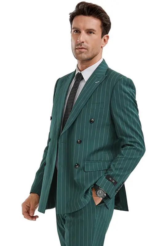 Men's Slim Fit Pinstripe Suit - Double Breasted Bold Gangster in Hunter Green