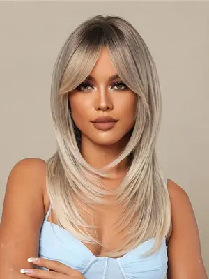 24 Inch Long Straight Wigs for Women, Summer 2024 Heat Resistant Wigs with Bangs, Easy To Wear Synthetic Full Machine Wigs fo...