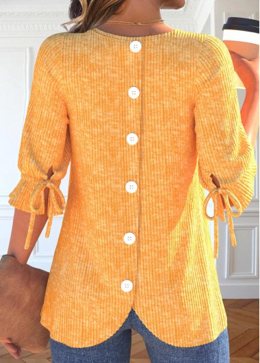 Modlily Orange Bowknot Half Sleeve Round Neck T Shirt - L