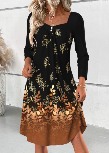 Modlily Black Tummy Coverage Leaf Print Long Sleeve Dress - XL