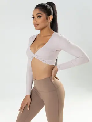 Women's Twist Deep V Neck Sports Tee, Solid Long Sleeve Sports Top, Ladies Sportswear Clothing for Indoor Outdoor Wear, Worko...