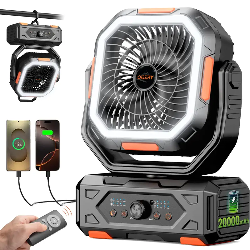 2025 Upgraded Camping Fan – 20000mAh Rechargeable Battery, LED Light, 270° Adjustable Head, Remote-Controlled Oscillating ...