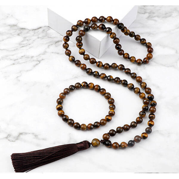 Natural Tiger Eye Round Beaded Pendant Necklaces & Bracelets Sets
