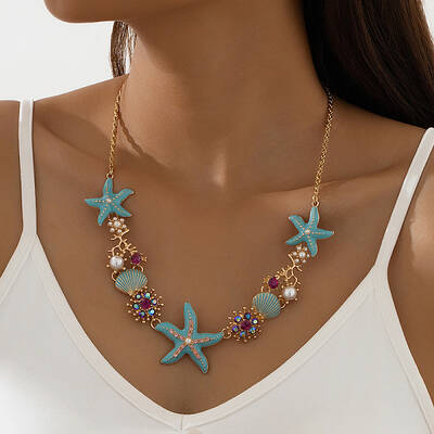 Summer Beach Starfish & Shell Shape Alloy Dark Turquoise Enamel & Rhinestone & Plastic Pearl Bib Necklaces for Women