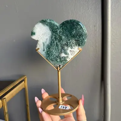 Moss Agate Crystal Heart with Stand Collector Green