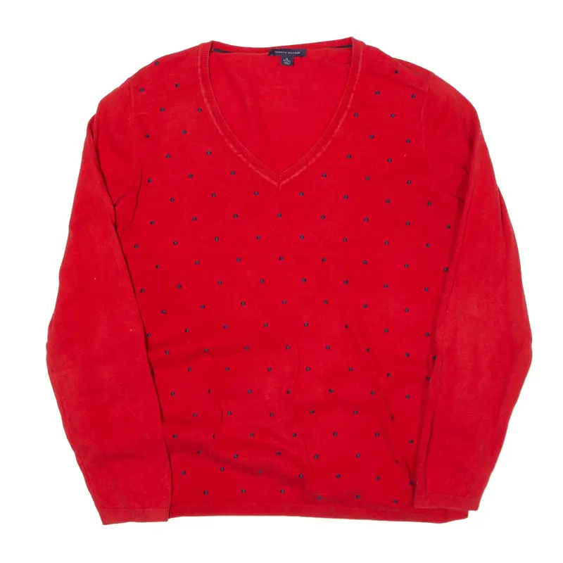 TOMMY HILFIGER Patterned Jumper Red Spotted Tight Knit V-Neck Womens XL