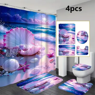 Creative Design Beach & Shell Pattern Bathroom Curtain & Toilet Mat, 1 Count Shower Curtain or 4 Counts/set Shower Curtain & ...