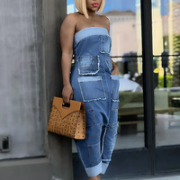 two-piece set woman Streetwear Multi-Pockets Denim Overall Jumpsuit Women Sleeveless Tube Strapless Off Shoulder Party Club O...