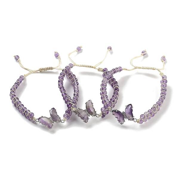 Natural Amethyst Braided Round Bead Bracelets