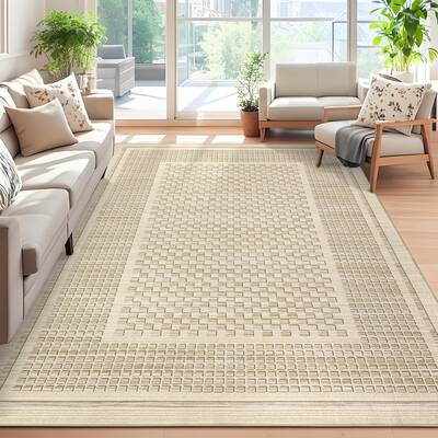Garvee Washable 9x12 Area Rug - Non-Slip, Stain-Resistant, Low Pile, Polyester, Durable Edges, Foldable, Modern Plaid for Liv...