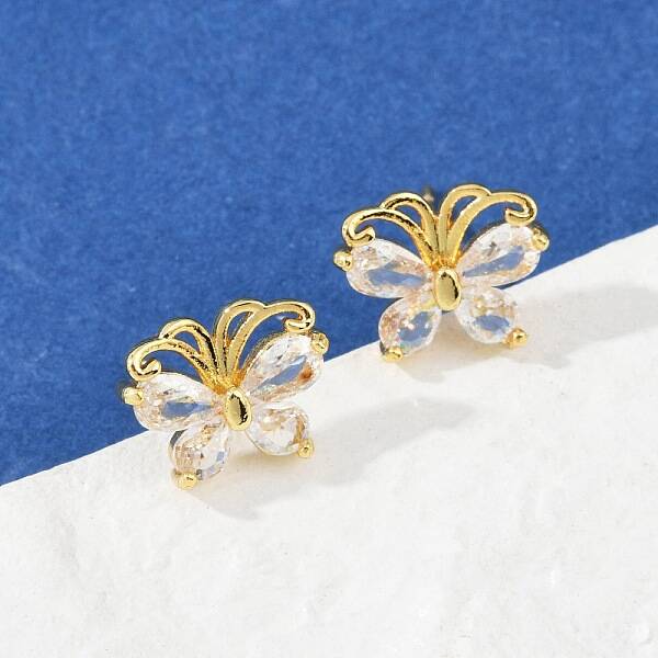 Butterfly Brass Micro Pave Clear Cubic Zirconia Stud Earrings