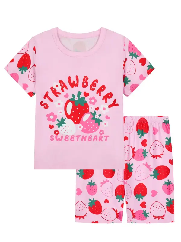 Girl's Cartoon Strawberry Print Tee & Short Pyjama Set, Casual Comfy Round Neck Short Sleeve T-shirt & Shorts PJ Set, Kids Sl...