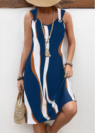 Modlily Peacock Blue Pocket Wave Pattern Print A Line Dress - XXL