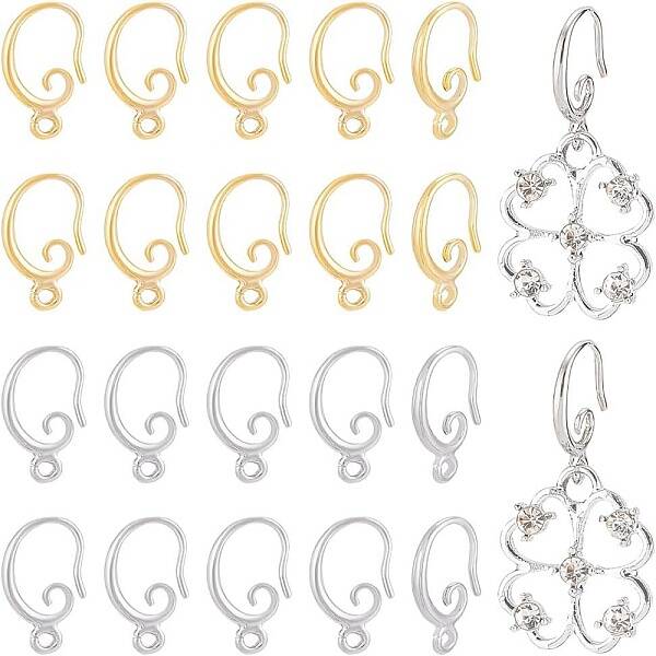 BENECREAT 40 Pcs 2 Colors 18K Gold Plated Golden Brass Earring Hooks Silver Ear Wire with Loops for Earring Dangle Jewelry Fi...