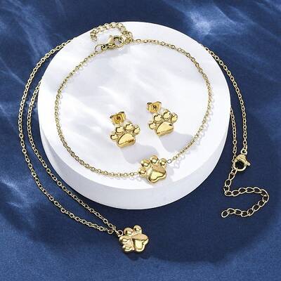 Dog Paw Print 304 Stainless Steel Pendant Necklaces & Bracelets & Stud Earrings Sets for Women