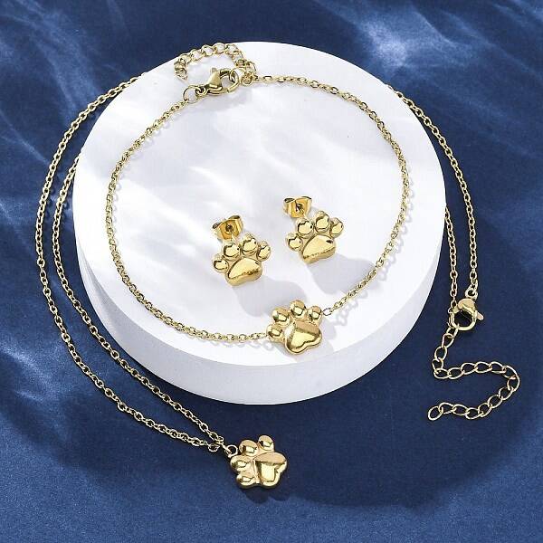 Dog Paw Print 304 Stainless Steel Pendant Necklaces & Bracelets & Stud Earrings Sets for Women