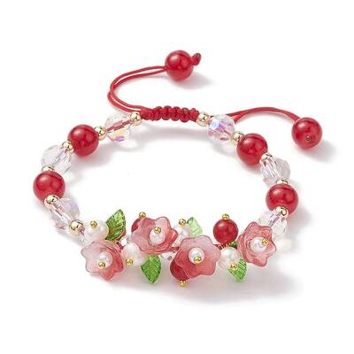Flower Glass & Acrylic Braided Bead Adjustable Bracelets for Women