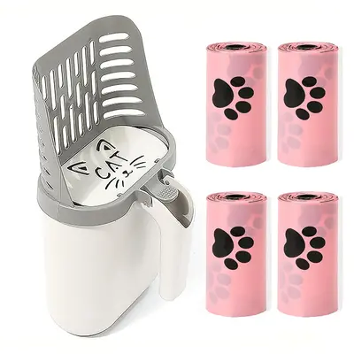 Cat Litter Scoop with Garbage Bag Holder, 1 Count Durable Plastic Pet Litter Scoop with 4 Rolls Garbage Bag, Pet Litter Box C...
