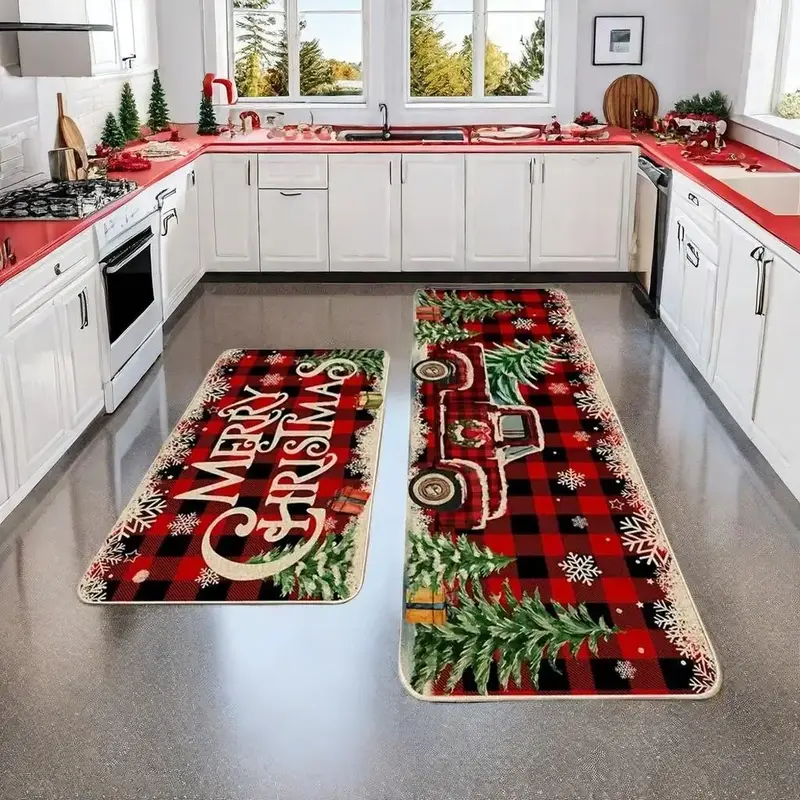 Christmas Themed Kitchen Floor Mat, 1/2/3 Counts Cartoon Pattern Kitchen Mat, Rectangular Carpet for Home Living Room Bedroom