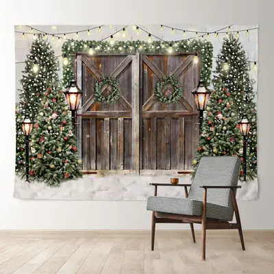 Aperturee Brown Wood Door Light Wreath Christmas Backdrop