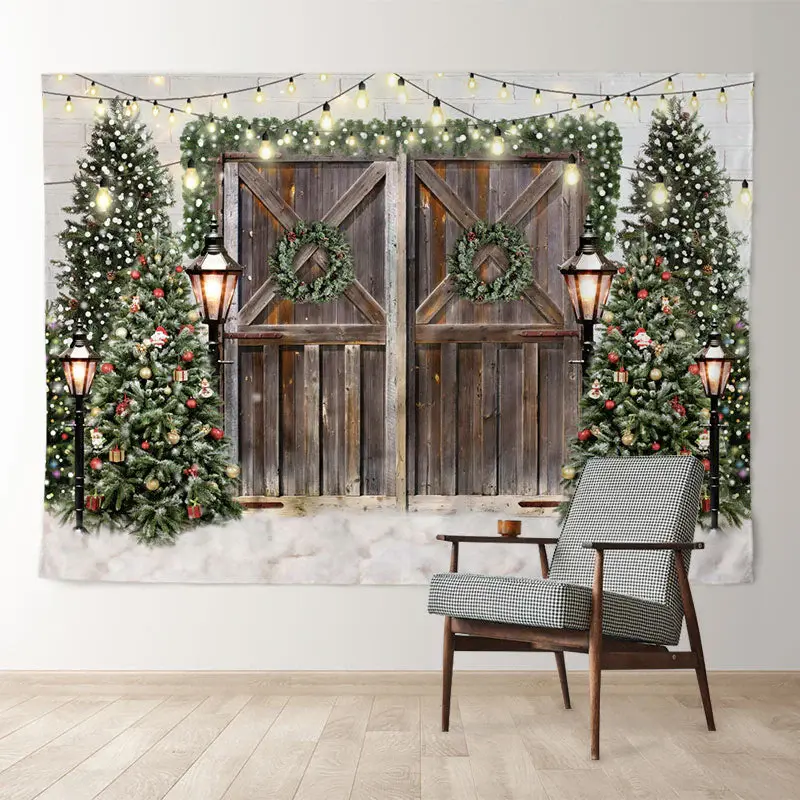 Aperturee Brown Wood Door Light Wreath Christmas Backdrop