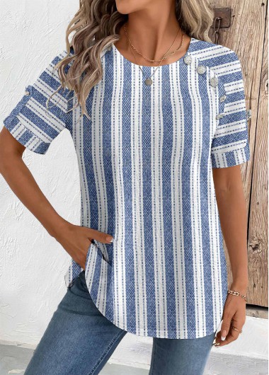 Modlily Blue Geometric Print Short Sleeve Round Neck Blouse - M