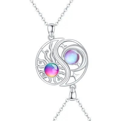 Sterling Silver Round Crystal Moon & Sun Pendant Necklace with Engraved Word