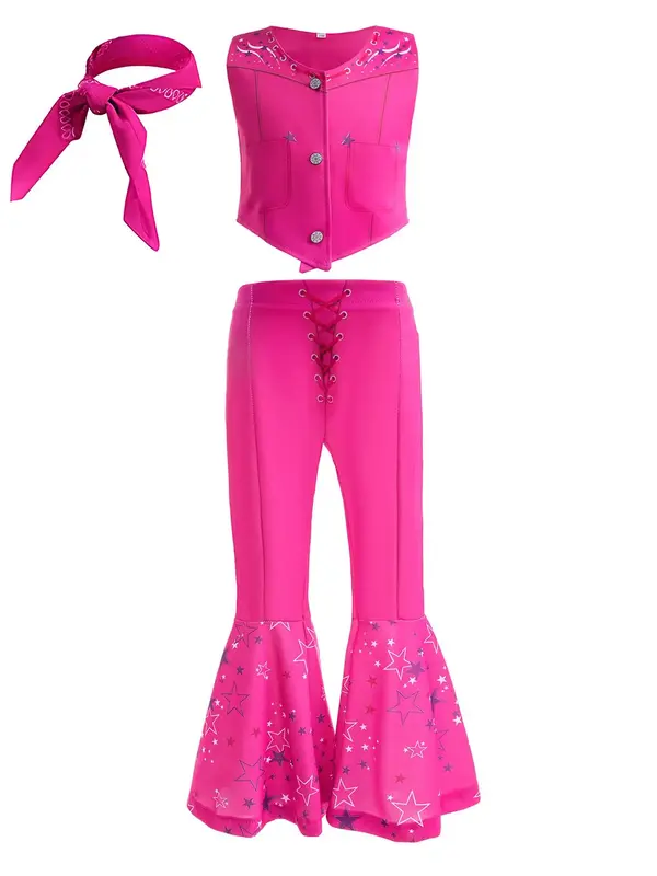 Girl's  Costume Set, Star Print Button Front Vest Jacket & Bell Bottom Pants & Scarf Set, Kids Role Play Clothes Set for Part...