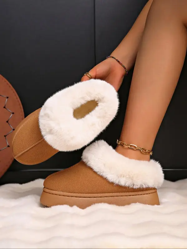 Women's Solid Color Fluffy Plush Lined Ankle Snow Boots, Casual Comfortable Warm Slip on Snow Boots for Winter, Female All-ma...