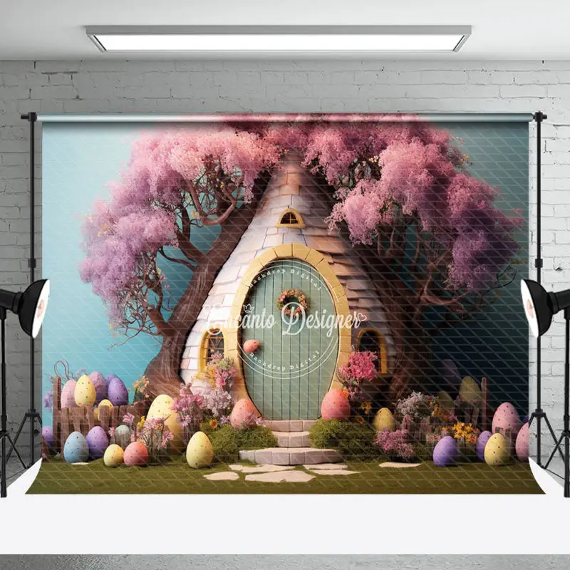 Pink Floral Tree Egg House Easter Photo Backdrop - Aperturee