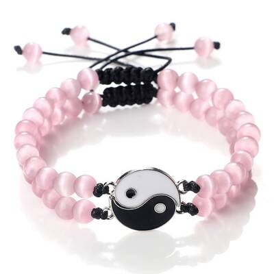 Adjustable Round Pink Cat Eye Beaded Stretch Bracelet Sets