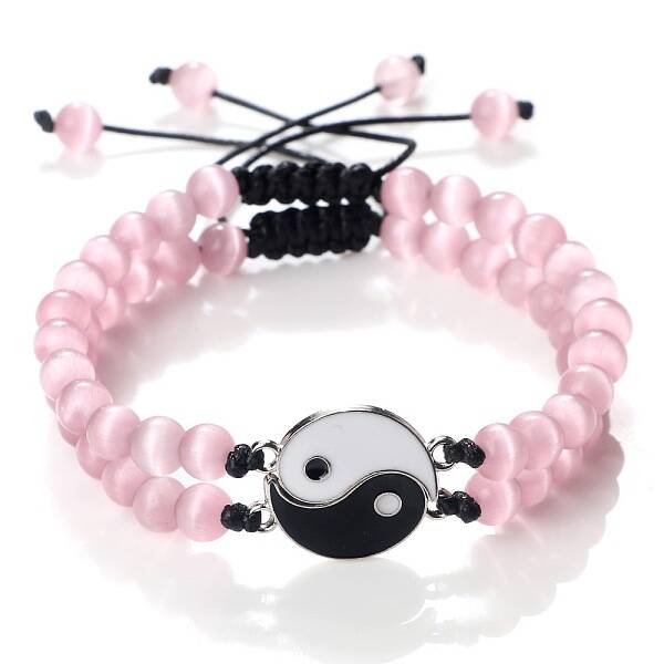 Adjustable Round Pink Cat Eye Beaded Stretch Bracelet Sets
