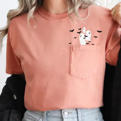 Flying Ghosts and Bats, Halloween Pocket Tee, Women's, Comfort Colors Tee, Spooky, Tshirt, Witch, Pumpkin, Ghost, Skeleton