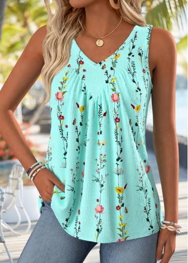 Modlily Cyan Ditsy Floral Print Tummy Coverage Sleeveless Tank Top - L