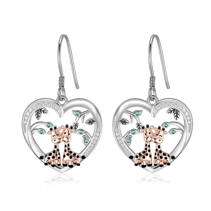 Sterling Silver Circular Shaped Cubic Zirconia Giraffe Drop Earrings