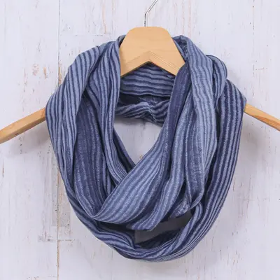 NOVICA Foggy Night Dark Blue and White 100% Cotton Infinity Scarf from Thailand
