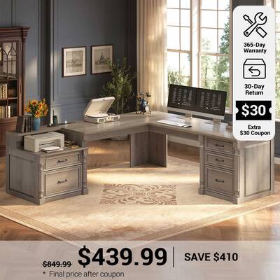 SEDETA | 72.8 Inch Executive Desk with 5 Storage Drawers Charging Station L Shaped Home Office Computer Desk with Printer She...