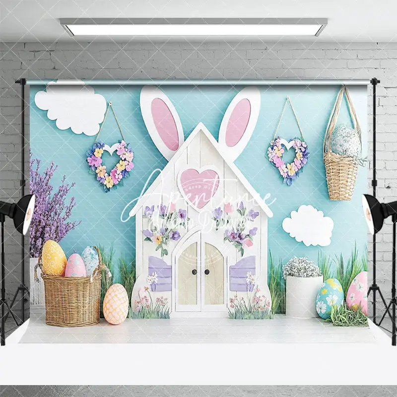 Aperturee Green Wall Cloud Bunny House Eggs Easter Backdrop, 3X2FT(1MX0.6M), 14 USD, easter backdrops, ENHD3J69-M