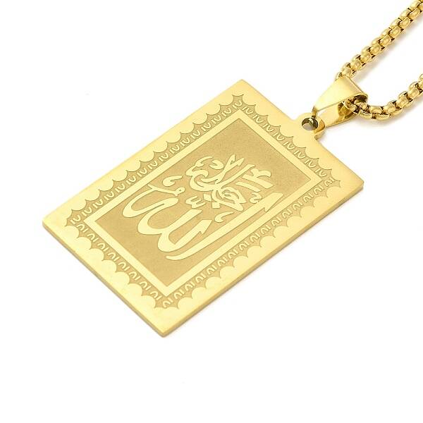 304 Stainless Steel Box Chain Rectangle with Muslim Islam Allah Pendant Necklaces
