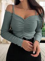 Women's Plain Ruched Lettuce Trim Cold Shoulder Tee, Fit Fashion Top, Casual Breathable Long Sleeve T-shirt for Daily Outdoor...