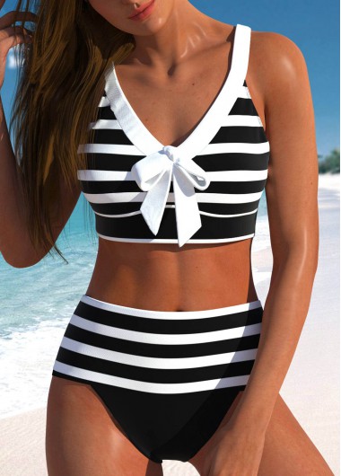 Modlily Bowknot High Waisted Striped Black Bikini Set - XS