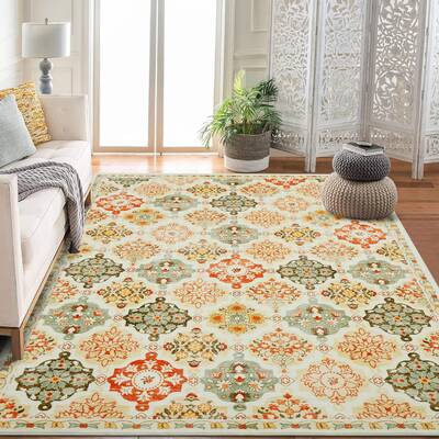 Garvee Boho Floral Checkerboard Washable Area Rug Orange 5x7Ft, Non-Slip, Soft Faux Wool for Bedroom Living Room Kitchen Offi...