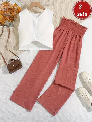 Girl's Solid Twist Crop Tank Top & Shirred Frill Trim High Waist Pants Two-piece Set, Casual Sleeveless V Neck Top & Wide Leg...