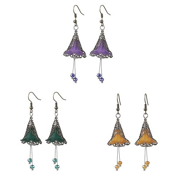 3 Pairs 3 Colors Glass & Acrylic Flower Dangle Earrings