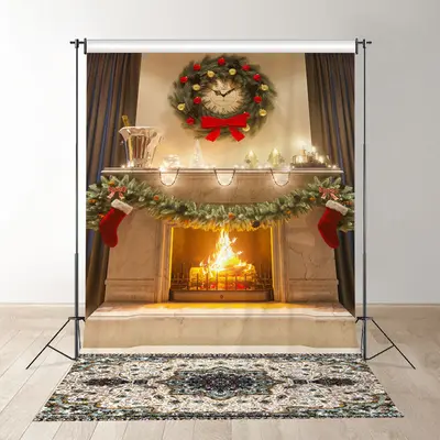 Aperturee Fireplace Red Bow Grey Curtain Christmas Backdrop