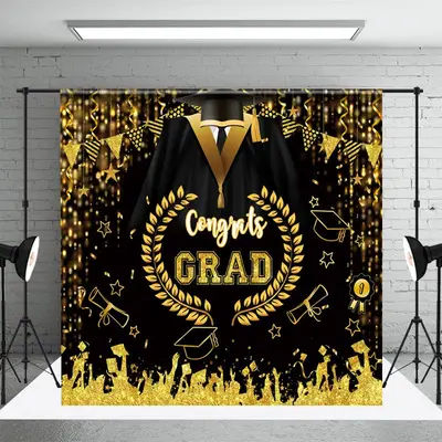 Bachelor Gown Gold Black Flag Graduation Backdrop - Aperturee