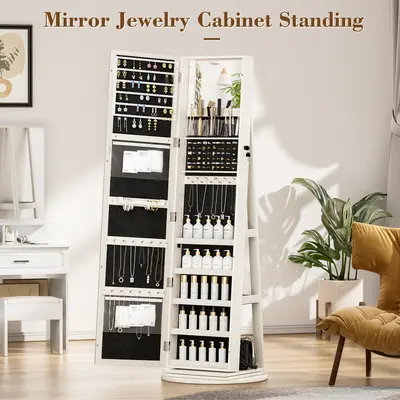[FallFreshness]LHBCRAFT Mirror Jewelry Cabinet Standing with Frame, jewelry armoire, Mirror with Storage, Standing Jewelry Ar...