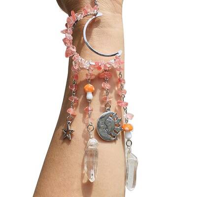Wire Wrapped Cherry Quartz Glass Chips & Metal Moon Hanging Ornaments