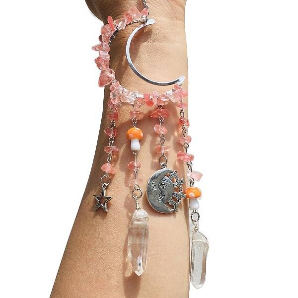 Wire Wrapped Cherry Quartz Glass Chips & Metal Moon Hanging Ornaments