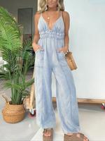 Women's Plain Backless Denim Cami Jumpsuit, Casual Basic Pocket Wide Leg Jumpsuit for Daily Wear, Ladies All Seasons Clothes,...